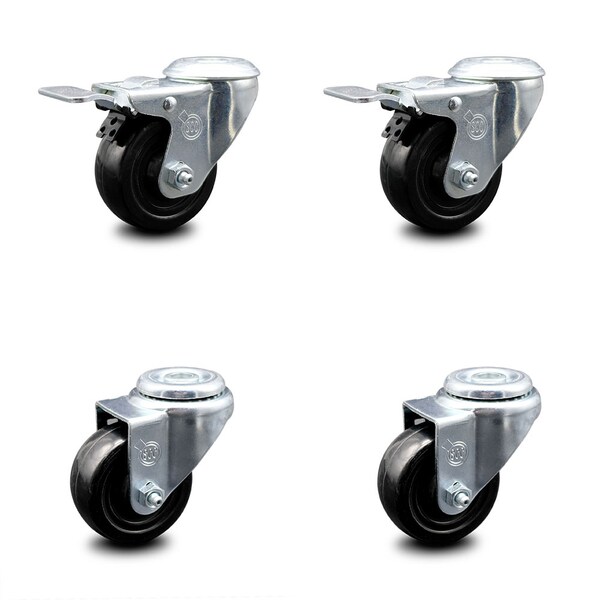 3.5 Inch Hard Rubber Wheel Swivel Bolt Hole Caster Set with 2 Total Lock Brake